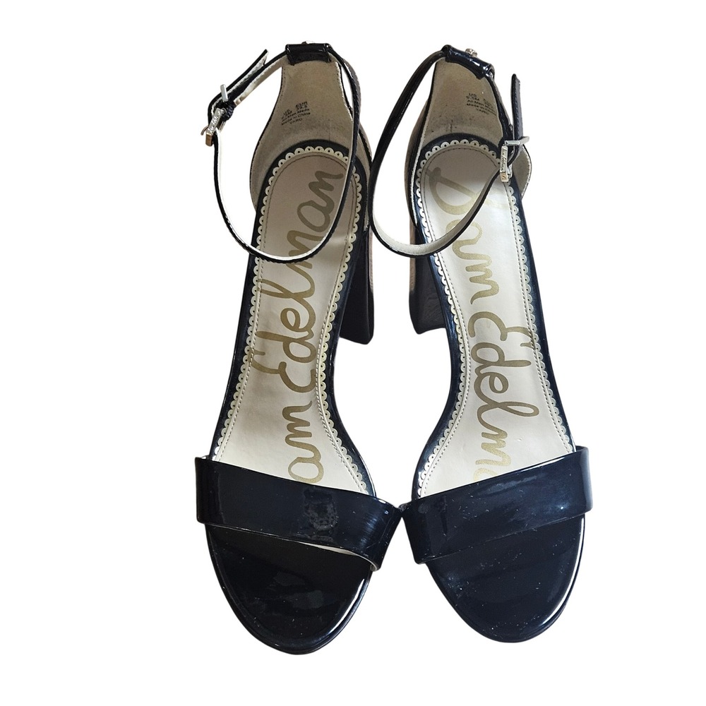 Sam Edelman Yaro Black Patent Block Heels Dress Shoes 9.5M Ankle Strap Sandals